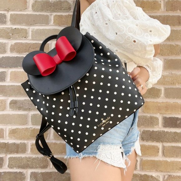 Disney x Kate Spade New York Minnie Mouse Drawstring Flap Backpack Black Dot Bow - Picture 6 of 6